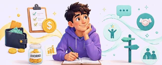 Adolescente escribiendo en un cuaderno rodeado de elementos de dinero, valores y autonomía